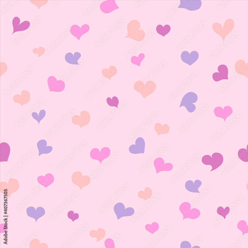 Seamless pattern with small hearts of pink, beige and purple colors on a pale pink background