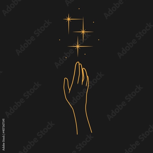 The hand reaches for the stars and sparkles. Sorcery, magic and knowledge. Vector illustration on dark background