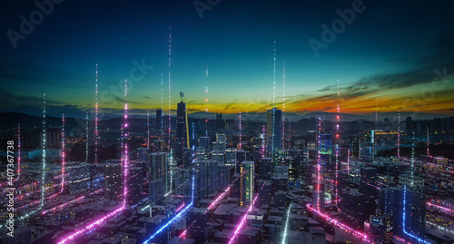 Smart city with particle glowing light connection design photo