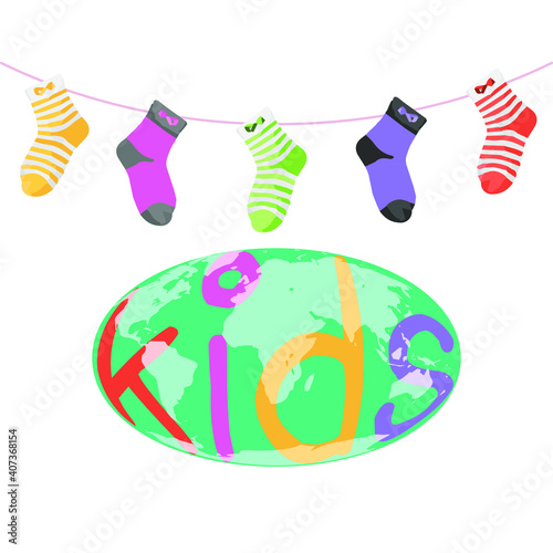 Vector image. Illustration of our planet earth. Text Children. Multicolored socks