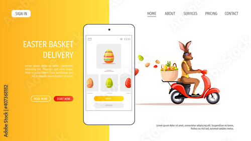 Web page design for Happy Easter. Rabbit riding a scooter with easter basket and phone with decorated eggs on the screen. Easter delivery concept. Vector illustration for poster, banner, website.