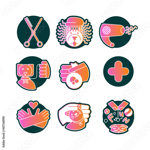 Nine colored icons on a round background in the form of stickers for dogsitters and pet salons.