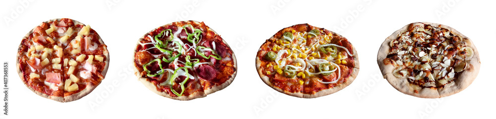 Delicious home made pizzas made by children isolated on white background.