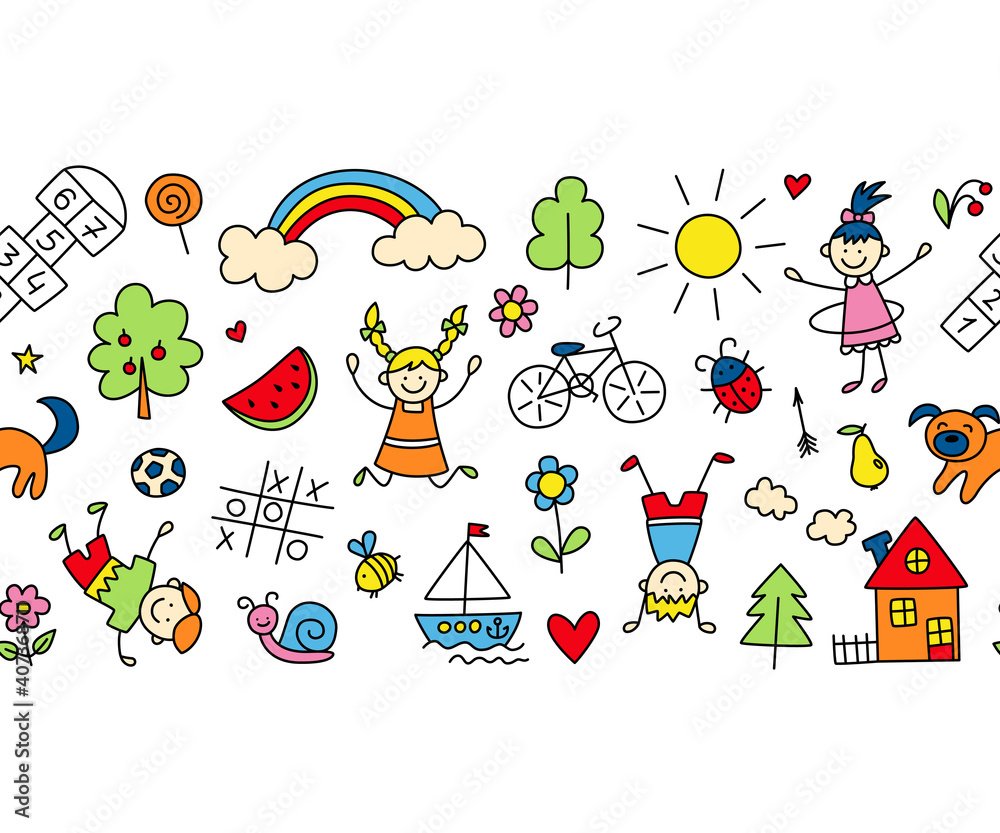 Fototapeta premium Happy children in summer park. Funny small kids play, run and jump. Color background in kid doodle style. Hand drawn vector illustration