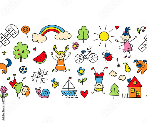 Happy children in summer park. Funny small kids play, run and jump. Color background in kid doodle style. Hand drawn vector illustration