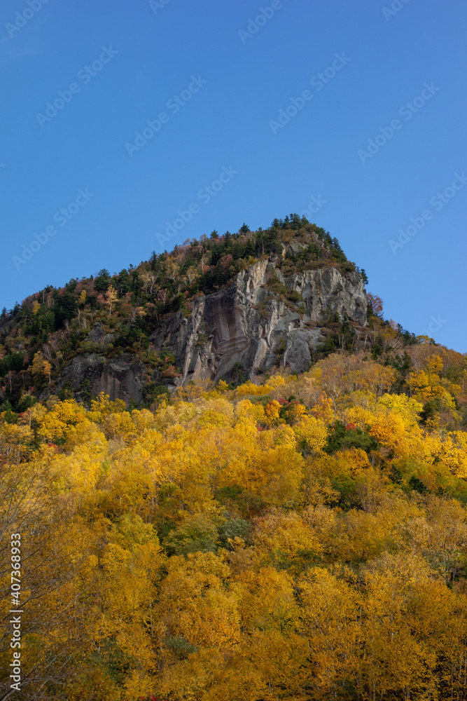 秋の層雲峡の柱状節理と紅葉の木々