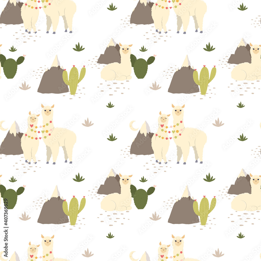 Obraz premium Cute llama alpaca, cactus, mountains seamless pattern. Vector hand drawn illustration.