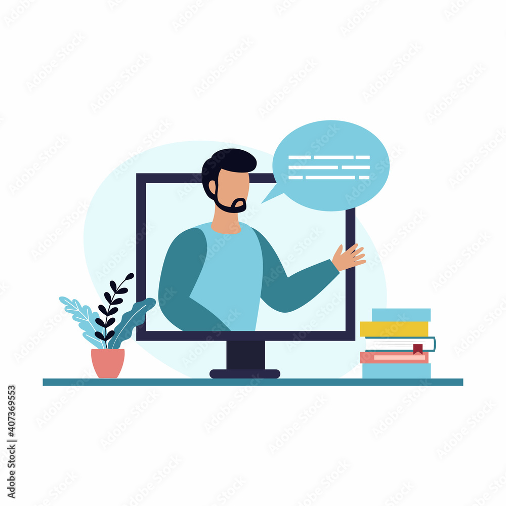 A man conducts online training through a computer. Concept of the webinar. Vector illustration in flat style. Digital classroom. A man conducts online training through a computer. Concept of the webinar. Vector illustration in flat style. Digital classroom.
