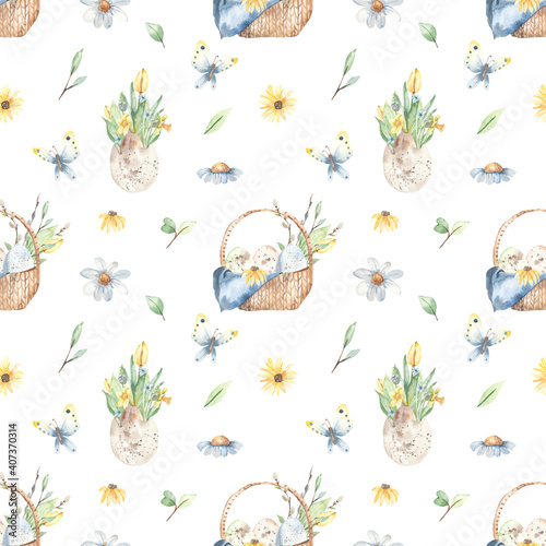 Watercolor seamless pattern with a basket of Easter eggs  spring flowers in a shell  butterfly  flowers  leaves on a white background
