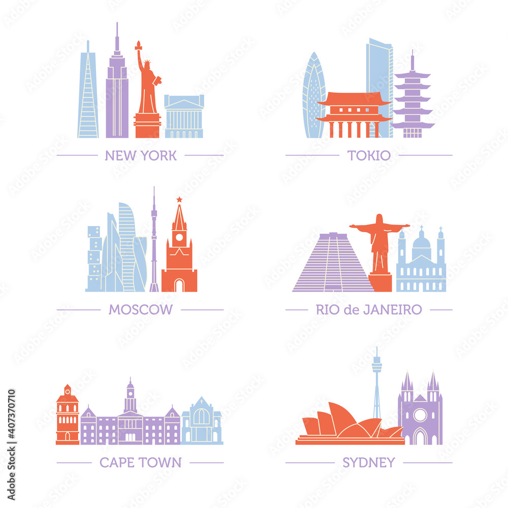 Set of popular architecture on all continents.