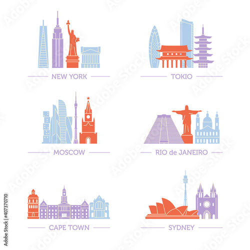 Set of popular architecture on all continents.