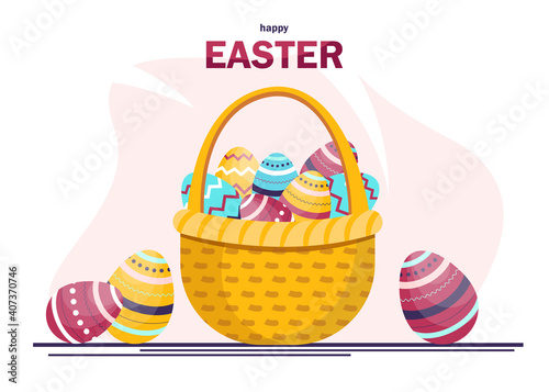 Easter basket full of colored eggs. Congratulatory easter background