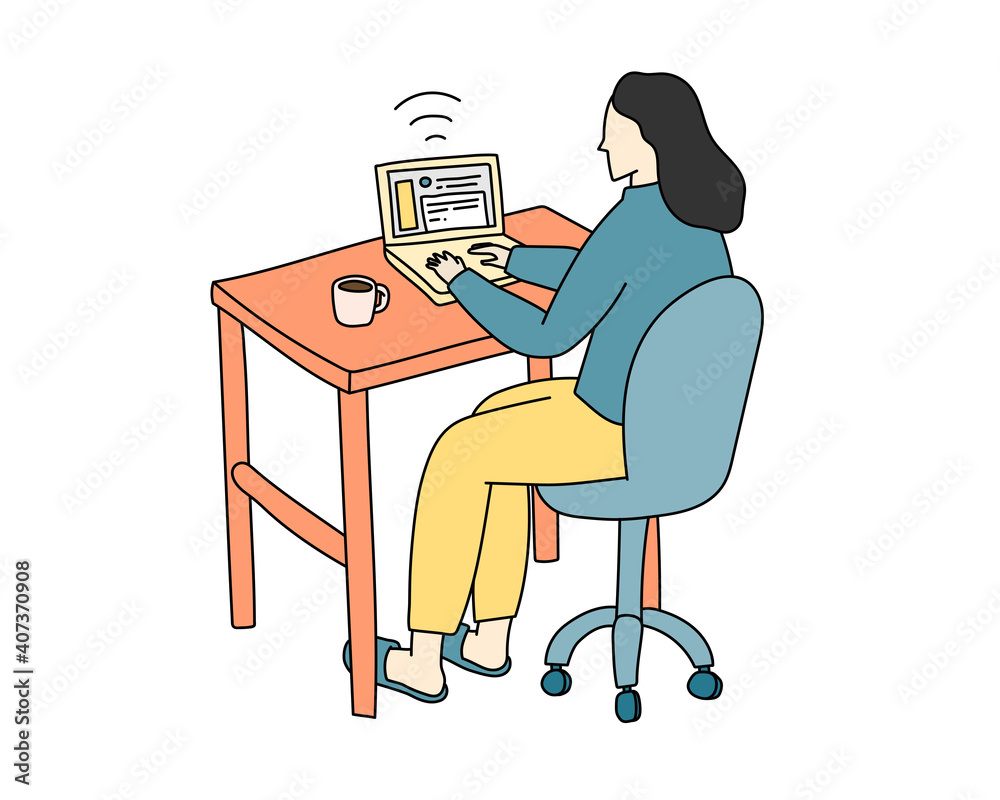 Fototapeta premium リモートワーク中の女性のイラスト 在宅ワーク テレワーク おしゃれ シンプル 仕事 自宅 パソコン