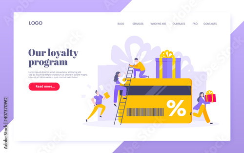 Get loyalty card and customer service business concept flat design vector illustration. Earn loyalty program points and get online reward and gifts. Tiny people with big card and gift box.