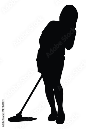 Happy housewife is cleaning the floor with mob silhouette vector on white background