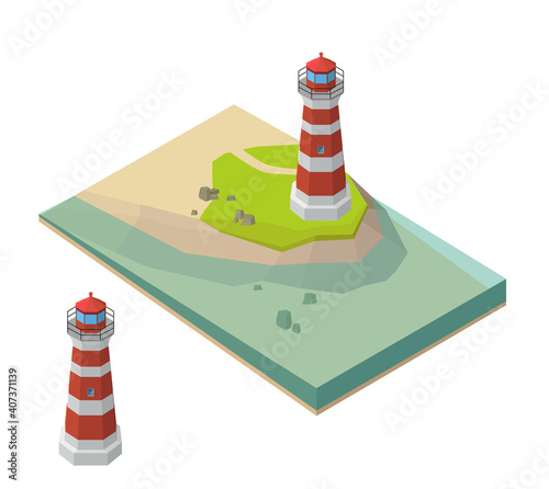 Vector isometric landscape representing lighthouse on the small island near the sea.