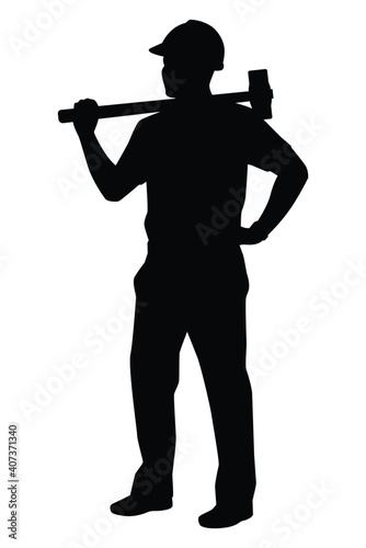 Construction worker with hammer silhouette vector on white background
