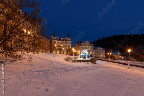 Snow winter in the center of small Czech spa town Marianske Lazne (Marienbad) - Czech Republic