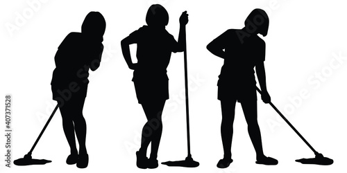 Set of happy housewife is cleaning the floor with mob silhouette vector on white background