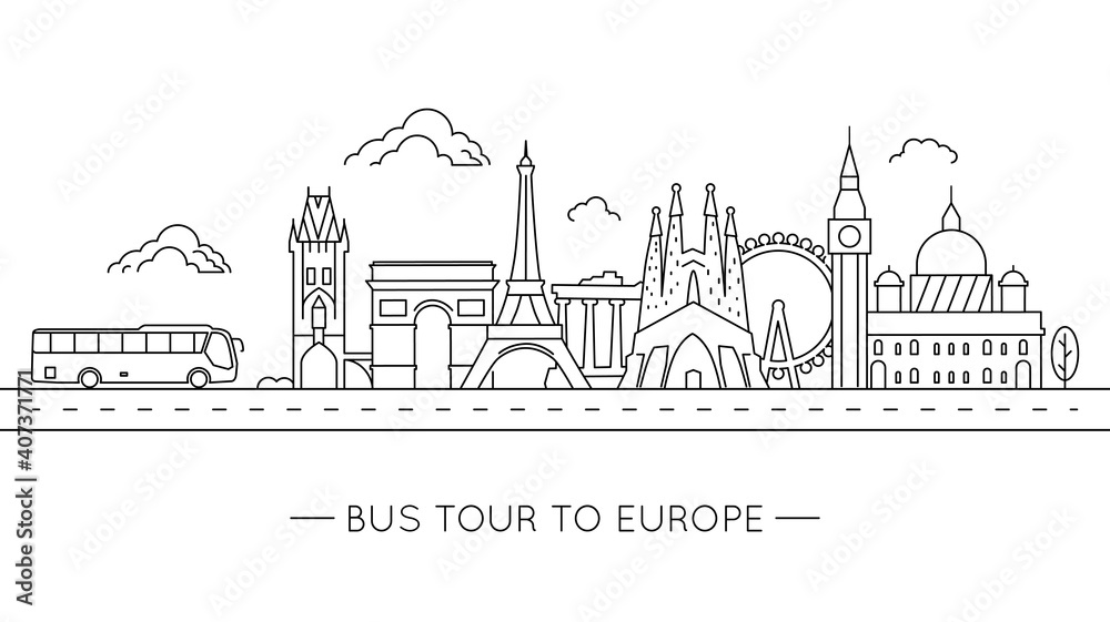 Obraz premium Bus tour to Europe. European cityscape with popular architecture. Travel panorama.