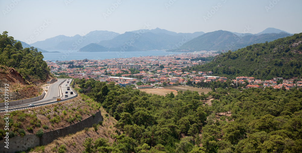 Landscape view over Marmaris resort town in Turkey. 