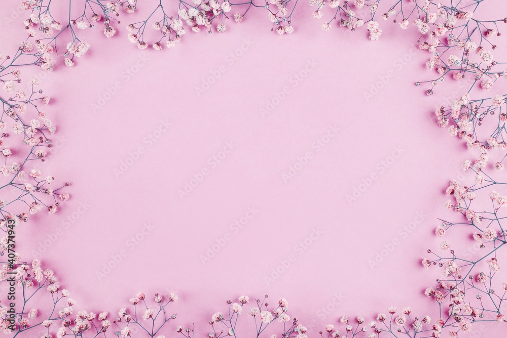 Beautiful flower frame of gypsophila flowers. Flat lay, top view. Floral pattern. Beautiful flower frame of gypsophila flowers. Flat lay, top view. Floral pattern.