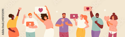 People holding likes. Satisfied customers and followers on social media. Positive feedback. Vector illustration