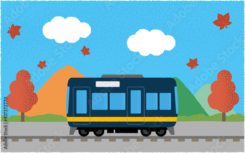 秋、山沿いを走る電車のベクターイラスト