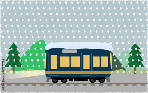 吹雪の中、ライトを点けて山沿いを走る電車のベクターイラスト