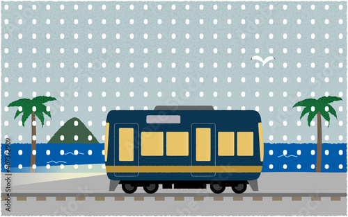 雪の中、ライトを点けて海沿いを走る電車のベクターイラスト