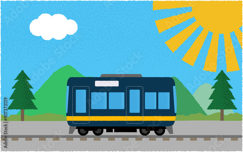 炎天下の山沿いを走る電車のベクターイラスト