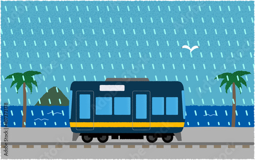 豪雨の中、海沿いを走る電車のベクターイラスト
