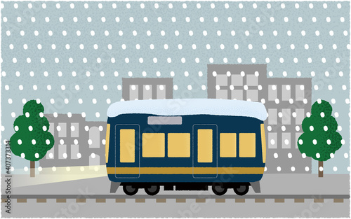 吹雪の中、ライトを点けて都市を走る電車のベクターイラスト