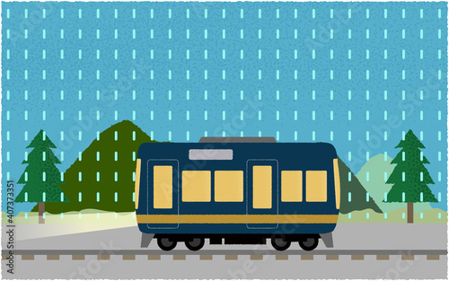 雨の中、ライトを点けて山沿いを走る電車のベクターイラスト