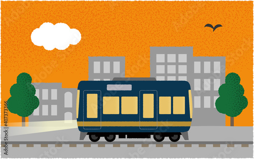 夕方、ライトを点けて都市を走る電車のベクターイラスト