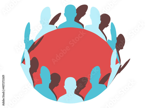 Group of people conference. Human profiles group of people standing in a circle face to face. Cooperation and teamwork concept illustration vector clipart. Face to face on a conference table.