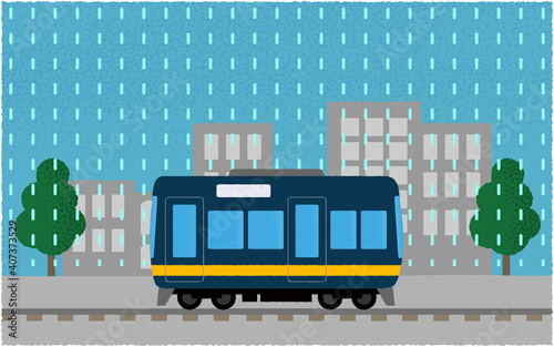 雨の中、都市を走る電車のベクターイラスト