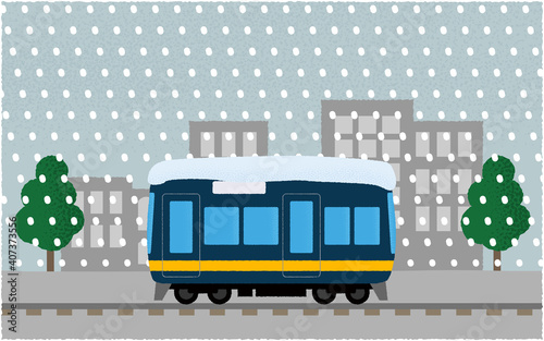 吹雪の中、都市を走る電車のベクターイラスト