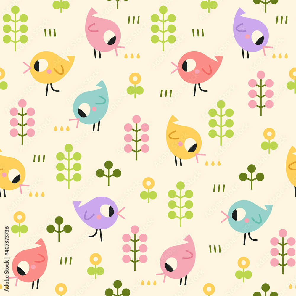 Seamless vector pattern with colorful birds, flowers and grass on beige background. Cute kids pattern.