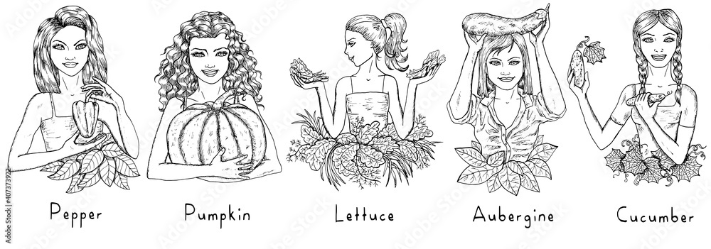 Design set with young beautiful women holding fruits isolated on white background. Hand drawn engraved vector illustration, black and white line art, healthy eating, vegan and vegetarian concept. 