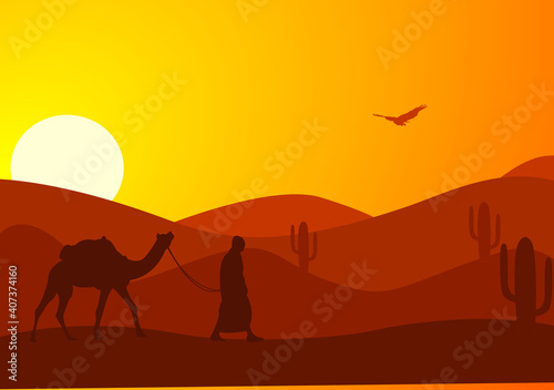 Desert Landscape with Cactus  Hills and Mountains Silhouettes. Vector Nature Horizontal Background