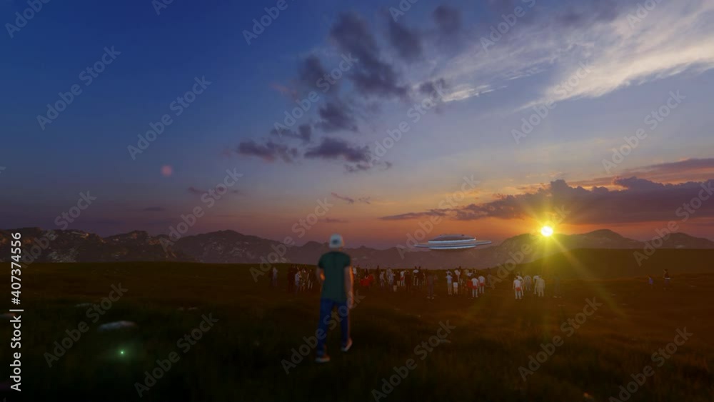 Crowd Of People Looking At Alien UFO Flying Above Mountain Against Sunset, 4K Crowd Of People Looking At Alien UFO Flying Above Mountain Against Sunset, 4K