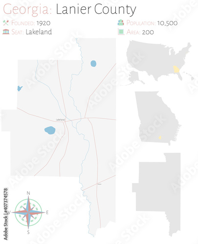 Large and detailed map of Lanier county in Georgia, USA.