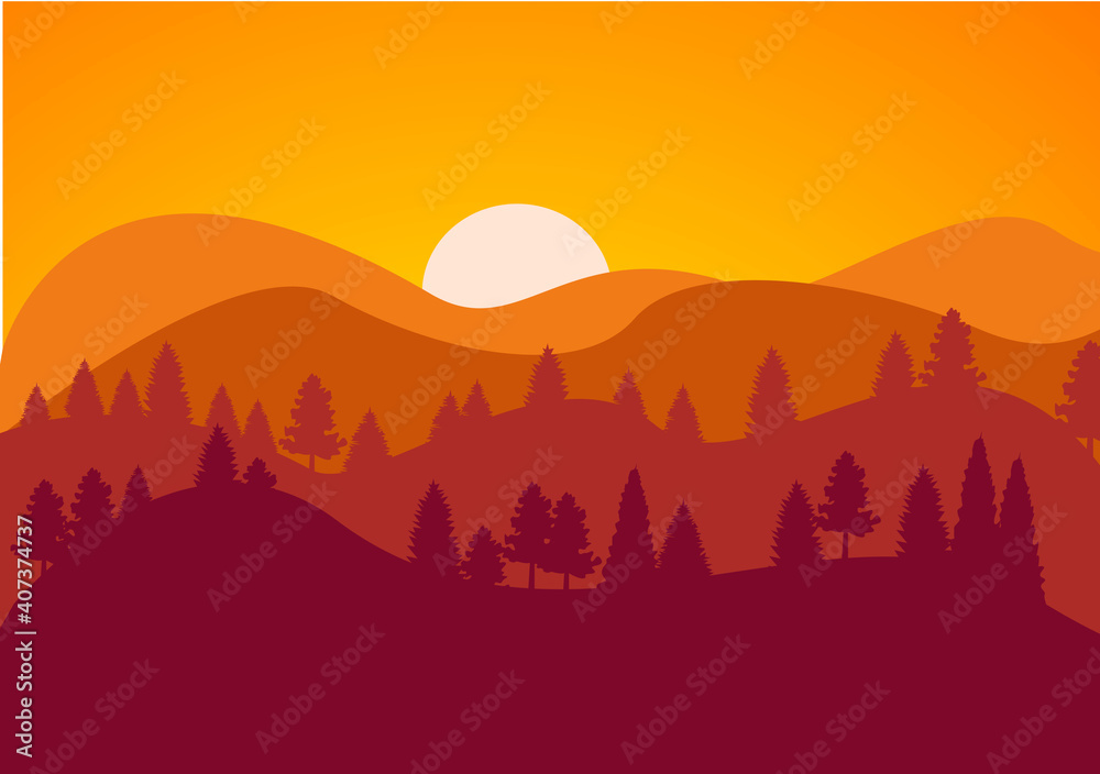 Desert Landscape with Cactus, Hills and Mountains Silhouettes. Vector Nature Horizontal Background