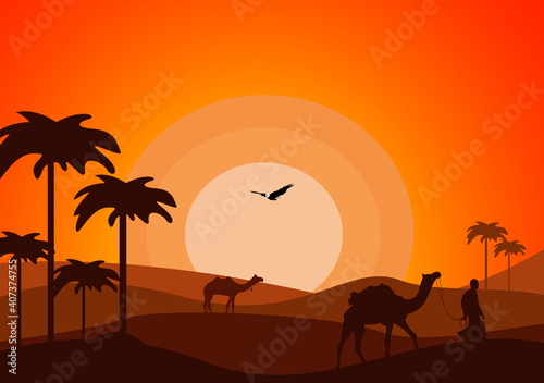 Desert Landscape with Cactus  Hills and Mountains Silhouettes. Vector Nature Horizontal Background
