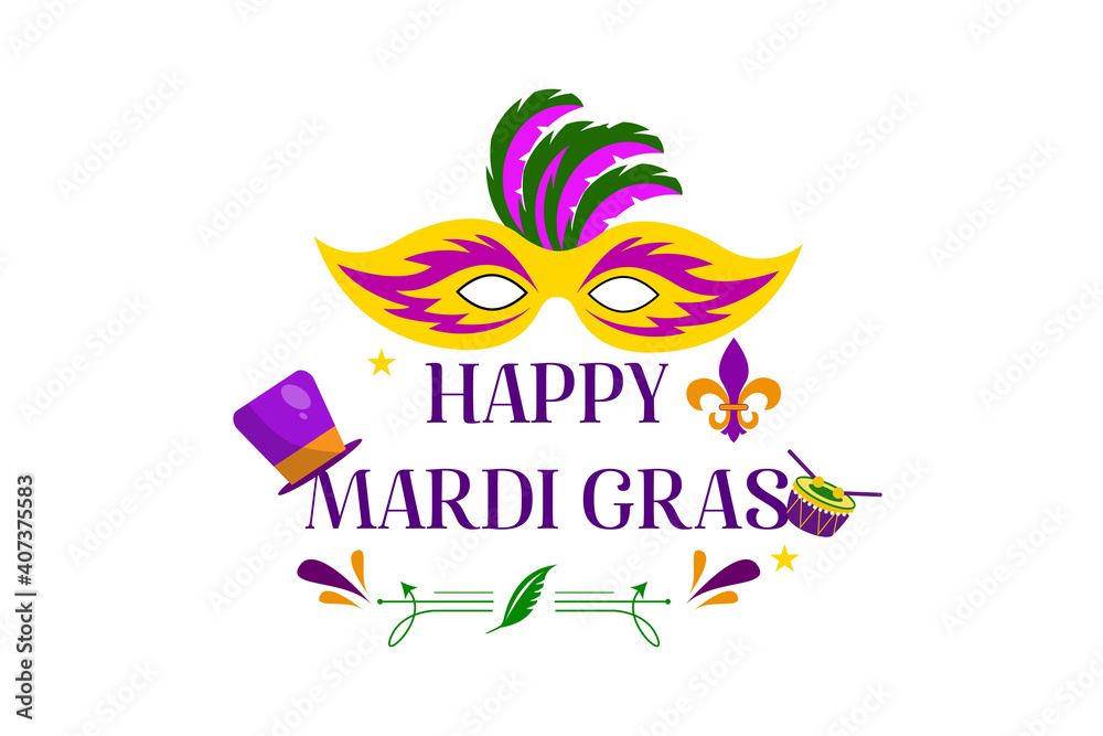 Obraz premium mardi gras carnival party design with cartoon colorful mask with feathers, drums, hat . Fat tuesday, carnival, festival. For greeting card, banner, gift packaging, poster. 