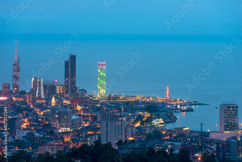 Aerial View Of Urban Cityscape Skyline At Sunset. Georgian Black Sea Coast. Resort Town