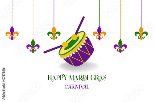 mardi gras carnival party design with cartoon colorful drum with sticks, fleur de lis  . Fat tuesday, carnival, festival. For greeting card, banner, gift packaging, poster. 
