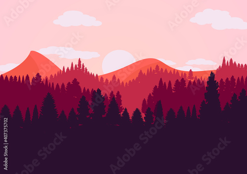 Desert Landscape with Cactus, Hills and Mountains Silhouettes. Vector Nature Horizontal Background