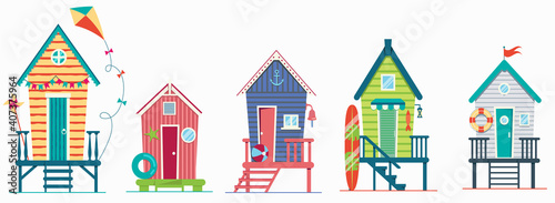 Set of beach houses. Huts and bungalow collection. Marine buildings on sea beach. Flat illustration isolated on white background.